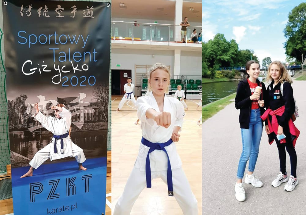 Trzy zdjęcia obok siebie ze zgrupowania „Sportowy Talent” w Giżycku 2020: baner imprezy z sylwetką karateki i logo PZKT, dziewczynka w karategi z niebieskim pasem w pozycji bojowej na hali oraz dwie zawodniczki z lodami na promenadzie nad kanałem